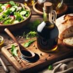 Bottiglia di Aceto Balsamico con gocce di condimento versate su un cucchiaio