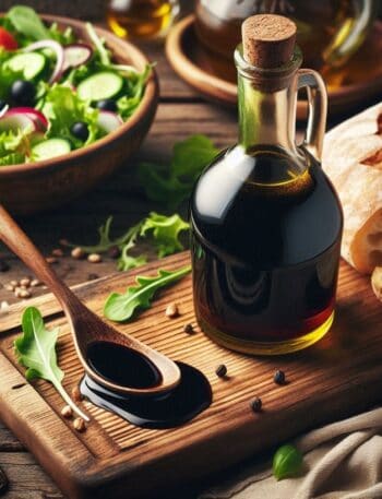 Bottiglia di Aceto Balsamico con gocce di condimento versate su un cucchiaio