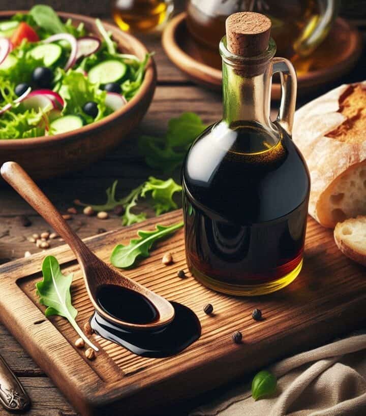 Bottiglia di Aceto Balsamico con gocce di condimento versate su un cucchiaio