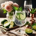 Bicchiere di acqua tonica con bollicine brillanti e fettina di limone su un tavolo elegante