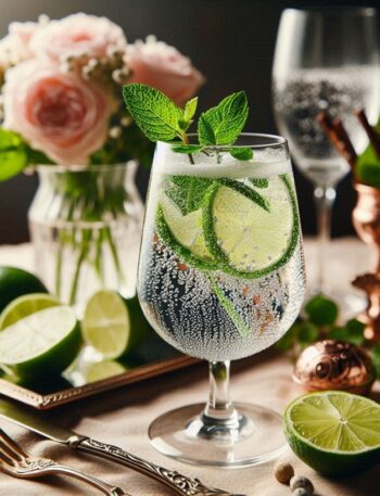 Bicchiere di acqua tonica con bollicine brillanti e fettina di limone su un tavolo elegante