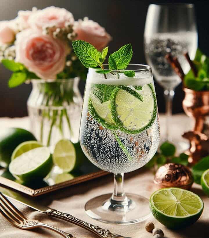 Bicchiere di acqua tonica con bollicine brillanti e fettina di limone su un tavolo elegante