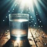 Un bicchiere d’acqua cristallina con gocce fresche su una superficie naturale