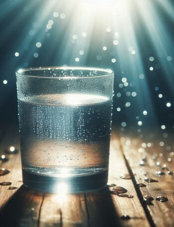 Un bicchiere d’acqua cristallina con gocce fresche su una superficie naturale