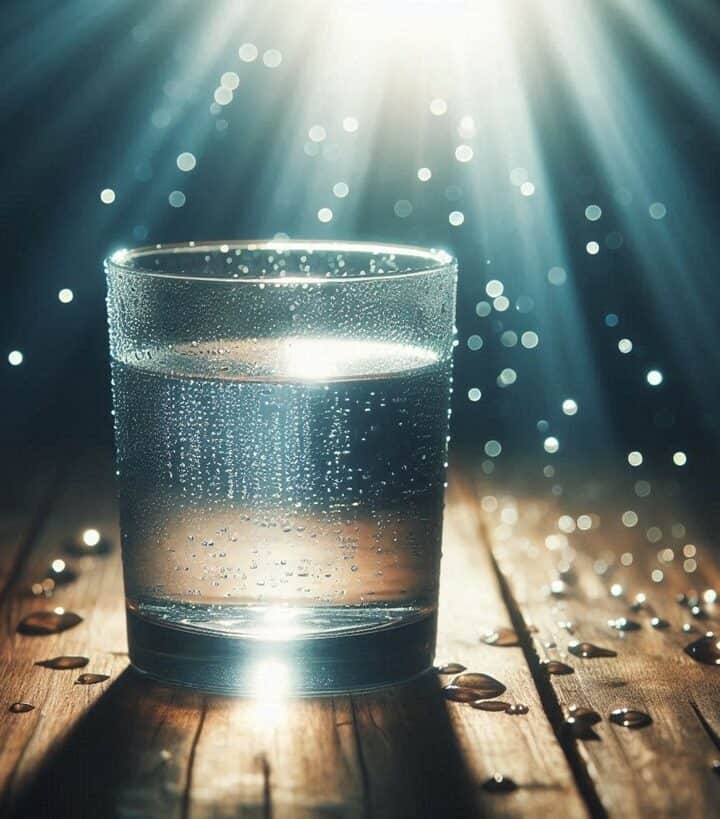 Un bicchiere d’acqua cristallina con gocce fresche su una superficie naturale