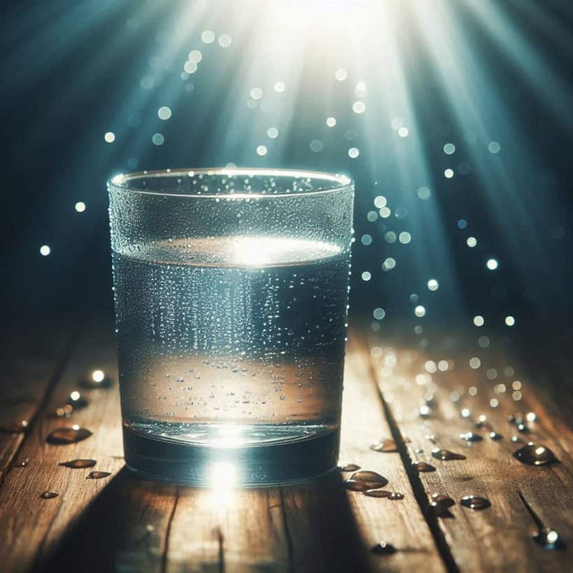 Un bicchiere d’acqua cristallina con gocce fresche su una superficie naturale