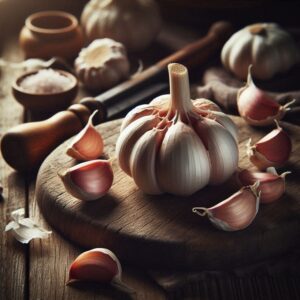 Bulbi di aglio freschi su un tagliere di legno, pronti per l’uso in cucina