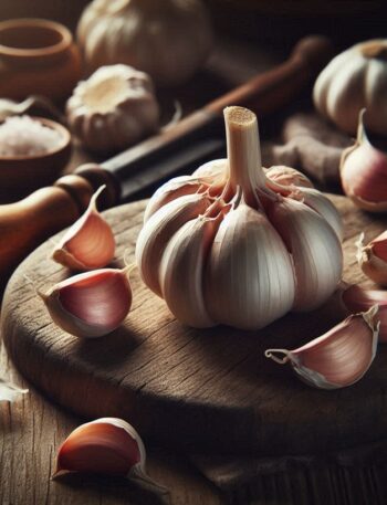 Bulbi di aglio freschi su un tagliere di legno, pronti per l’uso in cucina