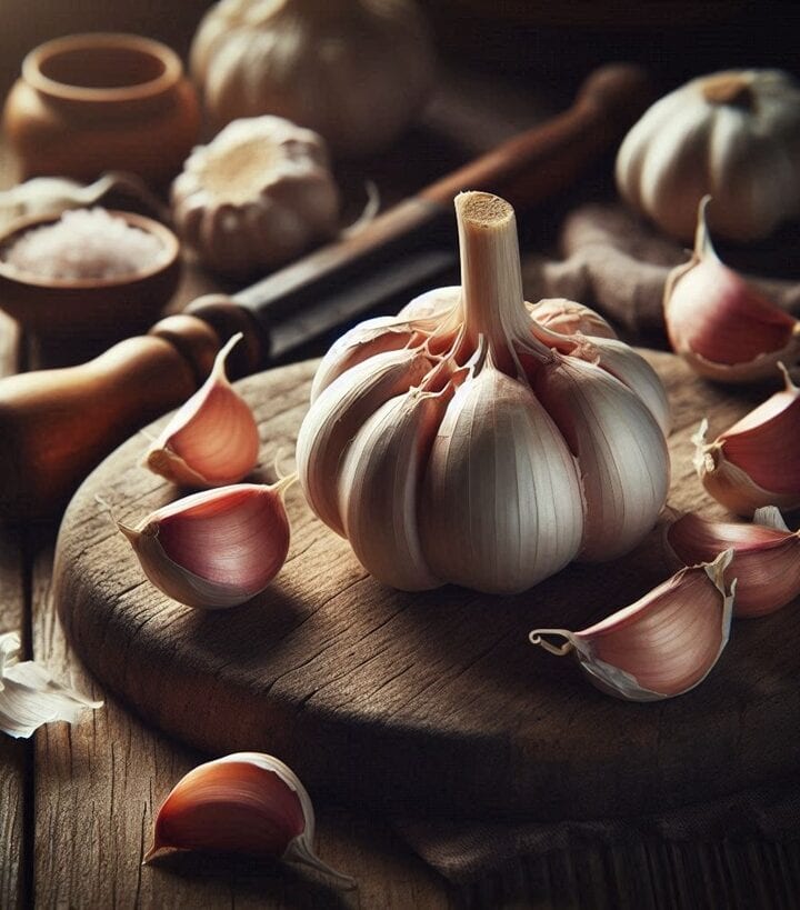 Bulbi di aglio freschi su un tagliere di legno, pronti per l’uso in cucina