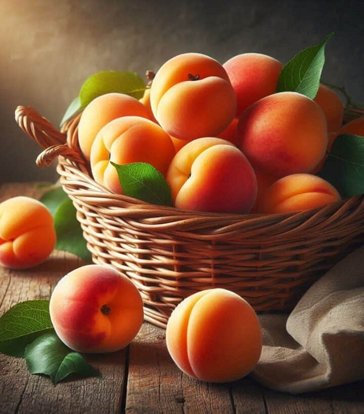 albicocche succose, con buccia vellutata e polpa dorata, disposte in un cestino su un tavolo rustico.