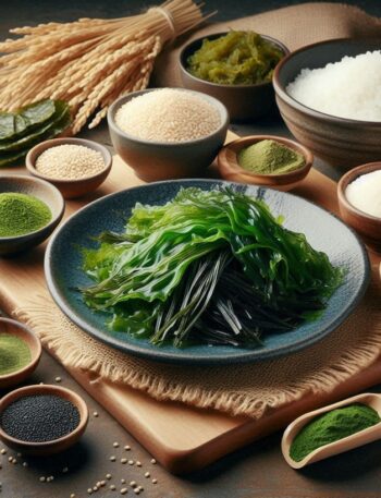 Alghe wakame fresche e essiccate disposte su un tavolo, pronte per l'uso culinario