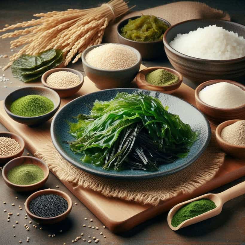 Alghe wakame fresche e essiccate disposte su un tavolo, pronte per l'uso culinario