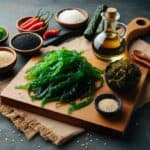 Varietà di alghe marine fresche e secche disposte su un tavolo, pronte per essere utilizzate in cucina