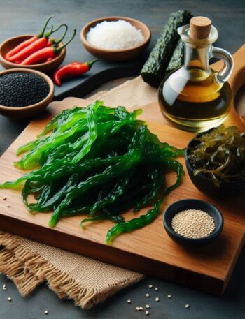 Varietà di alghe marine fresche e secche disposte su un tavolo, pronte per essere utilizzate in cucina