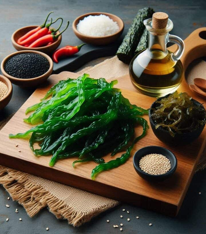 Varietà di alghe marine fresche e secche disposte su un tavolo, pronte per essere utilizzate in cucina