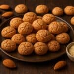 Amaretti croccanti su tavola di legno con mandorle intere