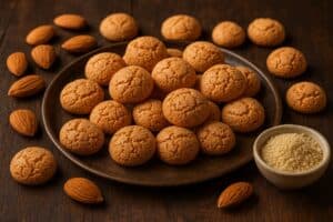 Amaretti croccanti su tavola di legno con mandorle intere