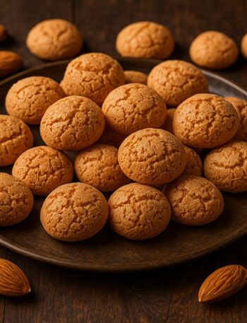 Amaretti croccanti su tavola di legno con mandorle intere