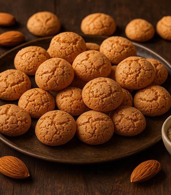 Amaretti croccanti su tavola di legno con mandorle intere