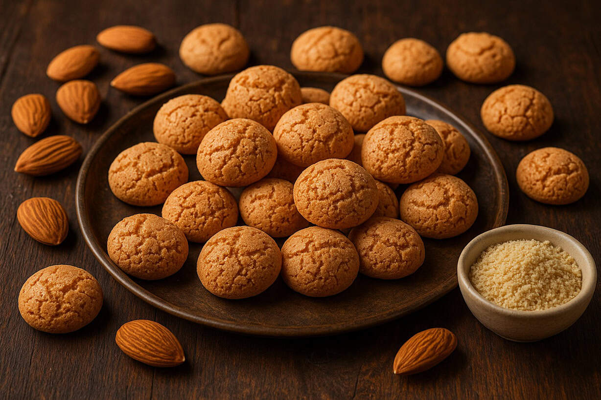 Amaretti croccanti su tavola di legno con mandorle intere