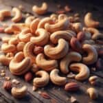 Un primo piano di anacardi interi e tostati, con una tonalità beige dorata e superficie liscia.