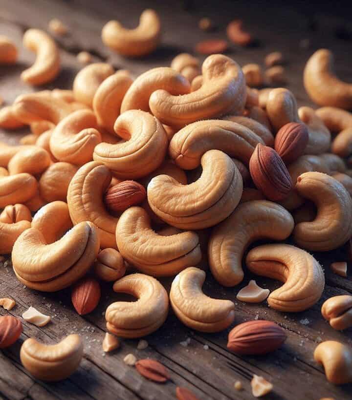 Un primo piano di anacardi interi e tostati, con una tonalità beige dorata e superficie liscia.