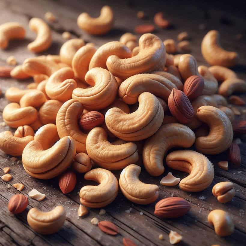 Un primo piano di anacardi interi e tostati, con una tonalità beige dorata e superficie liscia.