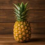 Un ananas fresco e maturo disposto su un tagliere di legno, pronto per essere utilizzato in cucina.