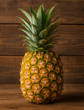 Un ananas fresco e maturo disposto su un tagliere di legno, pronto per essere utilizzato in cucina.