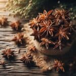Una composizione di anice stellato, con la sua forma unica a stella e tonalità calde, perfetto per aromatizzare dolci e bevande.