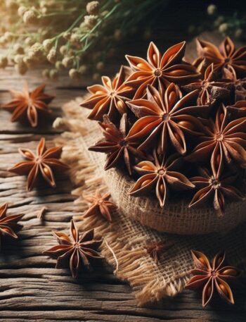 Una composizione di anice stellato, con la sua forma unica a stella e tonalità calde, perfetto per aromatizzare dolci e bevande.