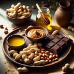 Piatto con arachidi tostate, burro di arachidi e olio di arachidi, accompagnato da cioccolato fondente e miele