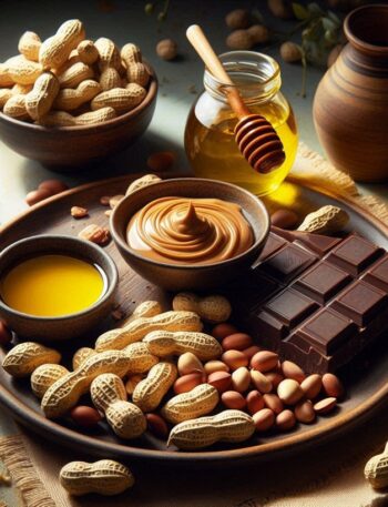 Piatto con arachidi tostate, burro di arachidi e olio di arachidi, accompagnato da cioccolato fondente e miele