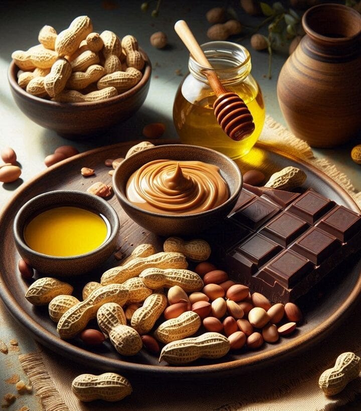 Piatto con arachidi tostate, burro di arachidi e olio di arachidi, accompagnato da cioccolato fondente e miele