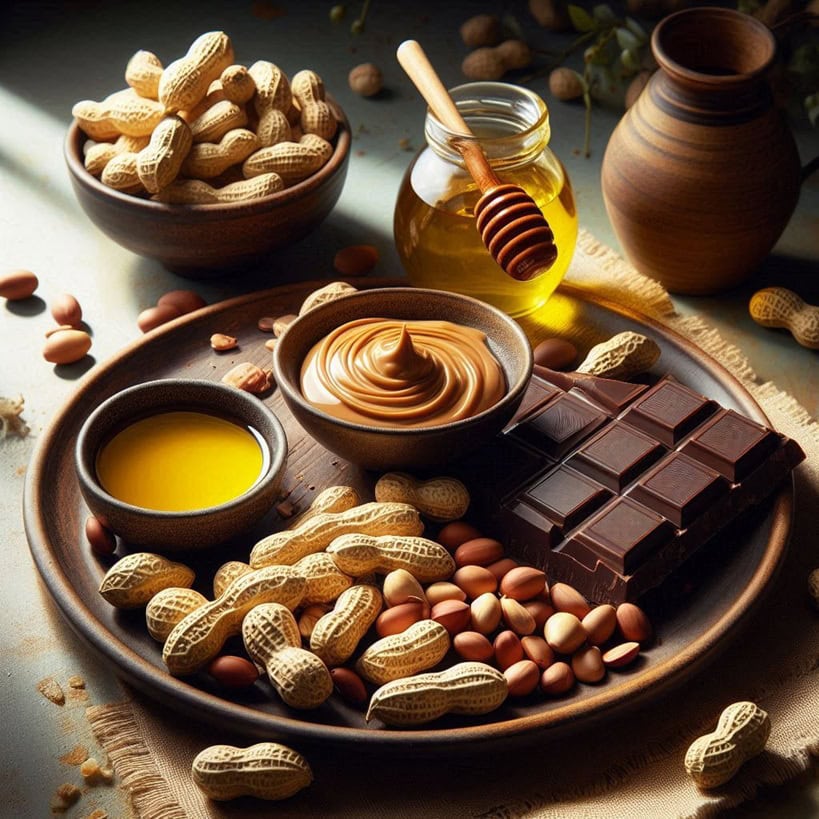 Piatto con arachidi tostate, burro di arachidi e olio di arachidi, accompagnato da cioccolato fondente e miele