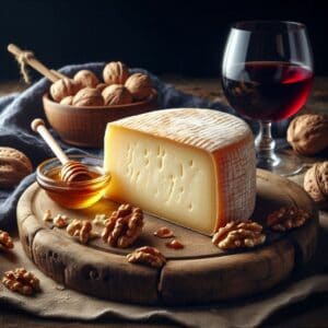 Formaggio Asiago DOP a fette su un tagliere rustico, accompagnato da ingredienti gourmet per un abbinamento perfetto.