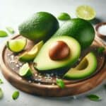 Mezzo avocado con polpa verde brillante e nocciolo marrone, posato su una superficie naturale che esalta la sua consistenza cremosa e il colore intenso.