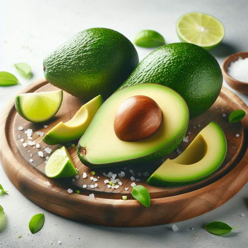 Mezzo avocado con polpa verde brillante e nocciolo marrone, posato su una superficie naturale che esalta la sua consistenza cremosa e il colore intenso.