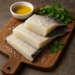 ranci di baccalà bianco e carnoso, serviti su un tagliere rustico con erbe aromatiche e ingredienti freschi per esaltarne il sapore.
