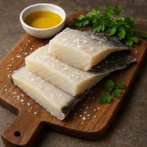 ranci di baccalà bianco e carnoso, serviti su un tagliere rustico con erbe aromatiche e ingredienti freschi per esaltarne il sapore.