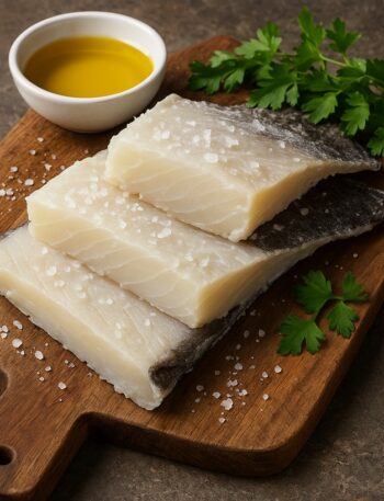 ranci di baccalà bianco e carnoso, serviti su un tagliere rustico con erbe aromatiche e ingredienti freschi per esaltarne il sapore.