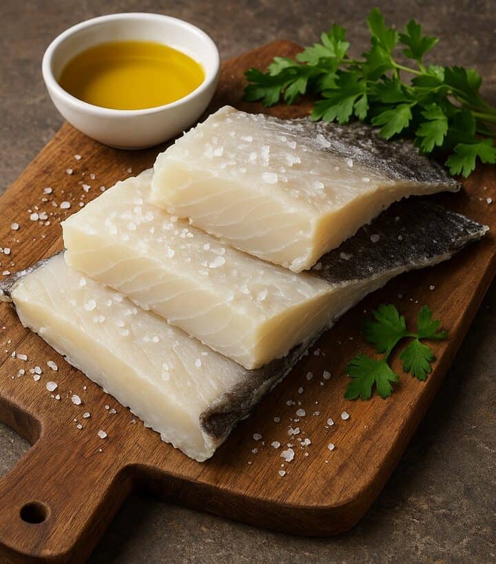 ranci di baccalà bianco e carnoso, serviti su un tagliere rustico con erbe aromatiche e ingredienti freschi per esaltarne il sapore.