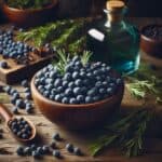 Primo piano su bacche di ginepro scure e aromatiche, disposte su un fondo rustico per evidenziare la loro consistenza e tonalità blu violacea.
