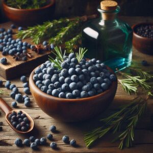 Primo piano su bacche di ginepro scure e aromatiche, disposte su un fondo rustico per evidenziare la loro consistenza e tonalità blu violacea.