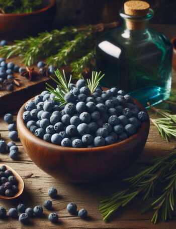 Primo piano su bacche di ginepro scure e aromatiche, disposte su un fondo rustico per evidenziare la loro consistenza e tonalità blu violacea.