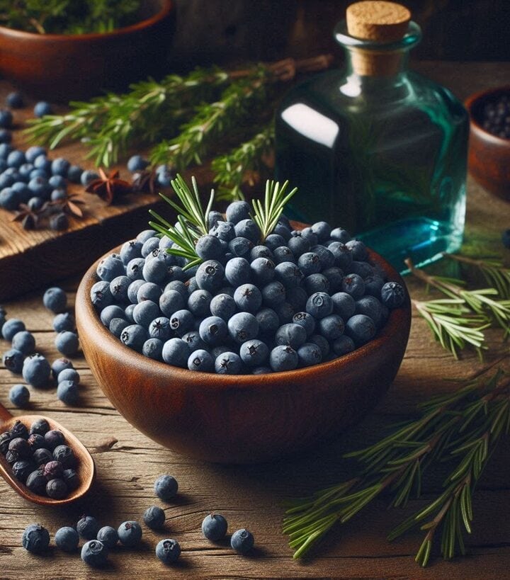 Primo piano su bacche di ginepro scure e aromatiche, disposte su un fondo rustico per evidenziare la loro consistenza e tonalità blu violacea.