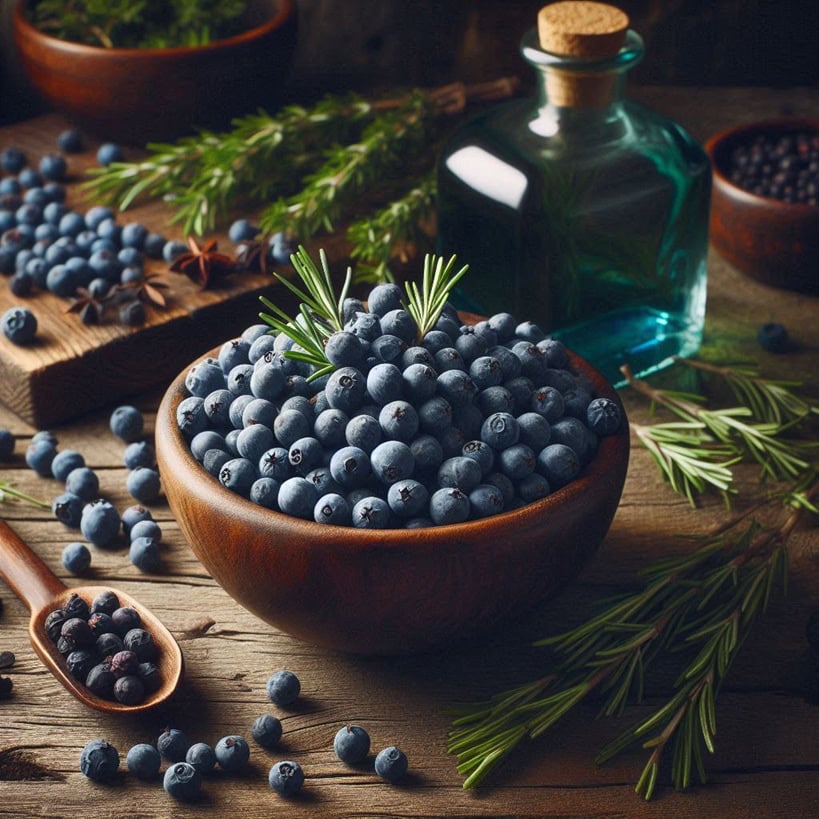 Primo piano su bacche di ginepro scure e aromatiche, disposte su un fondo rustico per evidenziare la loro consistenza e tonalità blu violacea.