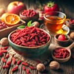 Primo piano su bacche di Goji rosse e luminose, adagiate su un fondo naturale, evidenziando la loro consistenza e colore vibrante.