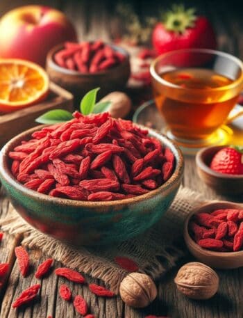 Primo piano su bacche di Goji rosse e luminose, adagiate su un fondo naturale, evidenziando la loro consistenza e colore vibrante.