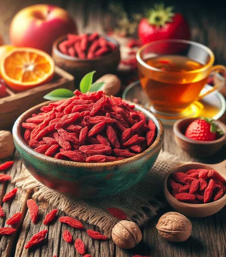 Primo piano su bacche di Goji rosse e luminose, adagiate su un fondo naturale, evidenziando la loro consistenza e colore vibrante.